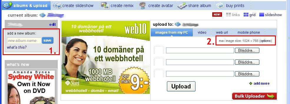 Skapa nytt album och maximera ev. bildstorleken i PhotoBucket.